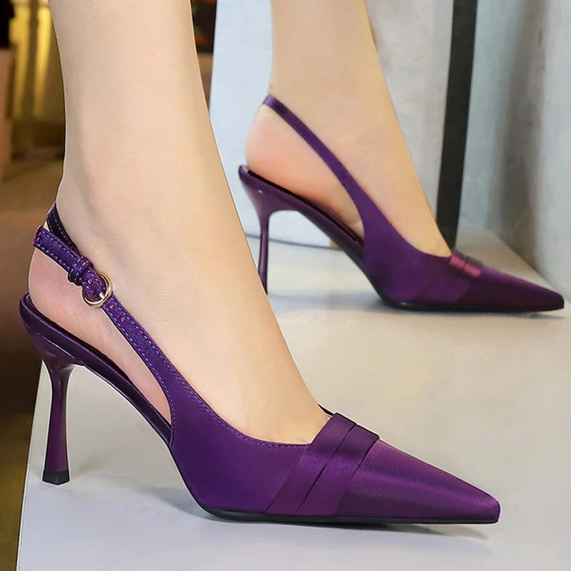 BIGTREE Shoes Women Pumps Silks Satins Stiletto Heels 9 Cm Hollow Out Hook Strap High Heeled Sandals Women Summer Shoes Buckle