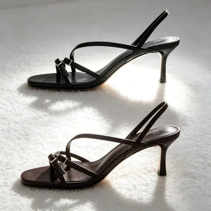 Fashion Narrow Band Buckle Detail Heeled Sandals Women Elegant Square-toe Open-toe Slingback Heels Luxury Brand Designer Shoes