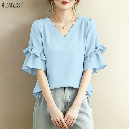 ZANZEA Women Elegant Blouses V-Neck Half Flare Sleeve Ruffles Trim Pullover Tops Summer Daily Casual Solid Color Blusas de Mujer