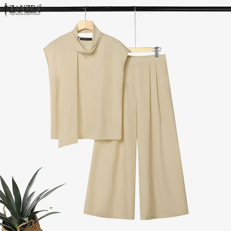 ZANZEA Women Minimalist 2pcs Matching Pant Sets Sashes V-Neck Blouses & Elastic Back Waist Wide Leg Pants Suits Outfits Commute