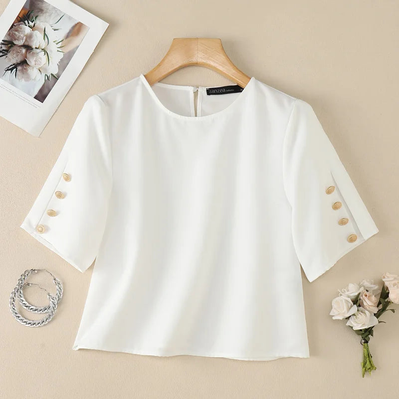 ZANZEA Women's Minimalist Fashion Blouses Elegant O-Neck Buttons Detailed Half Sleeves Solid Tops Summer Loose Blusas de Mujer