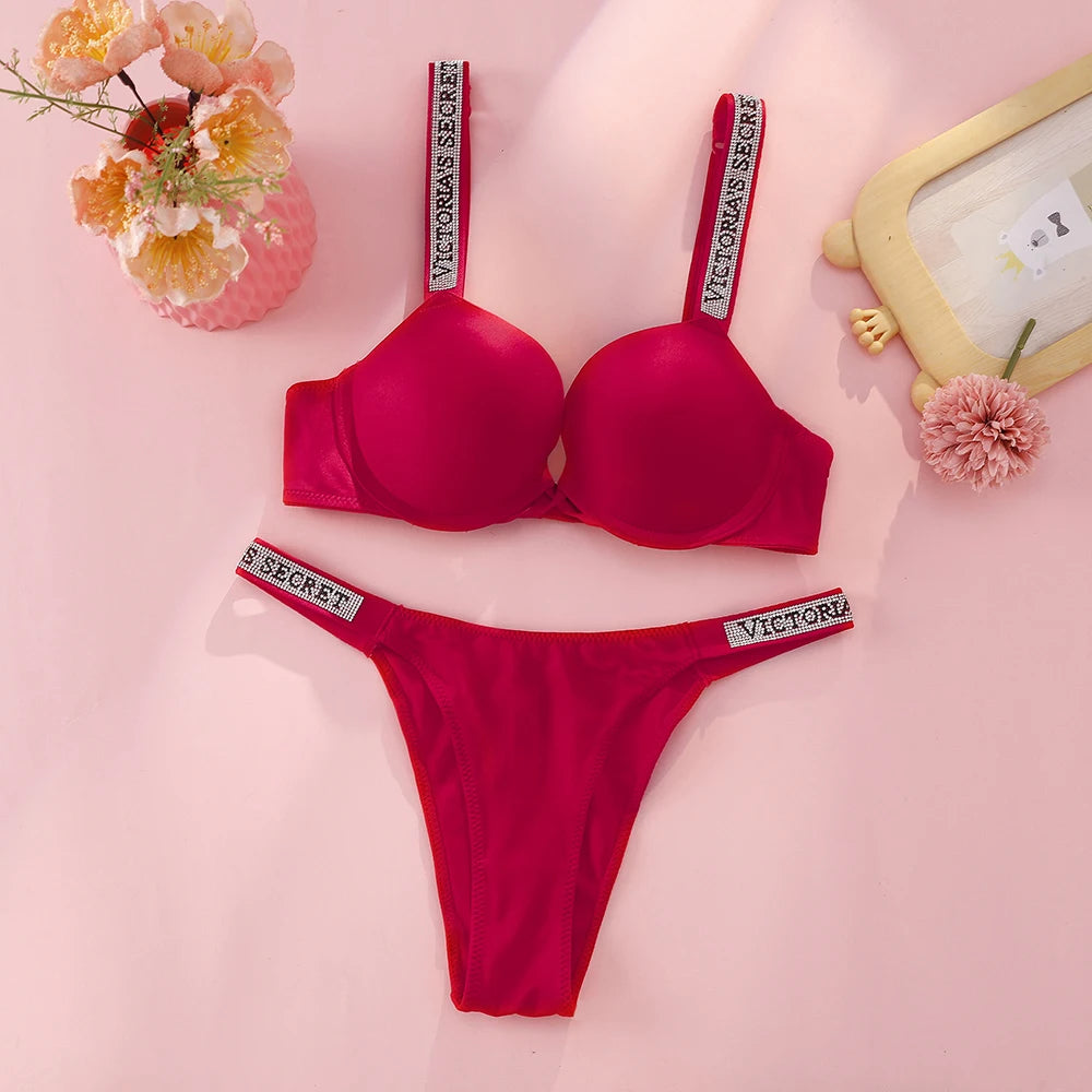 Victoria Secret Sexy Women Underwear Very Sexy Logo Shine Strap Tropical Floral Push Up Bra Shine Script Thong Panty