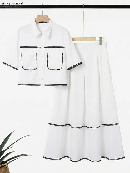 Fashion Summer 2 Pieces Sets ZANZEA Short Sleeve Shirt A Line Skirt Suit Women OL Work Dress Sets 2026 Stylish Patchwork Outfits
