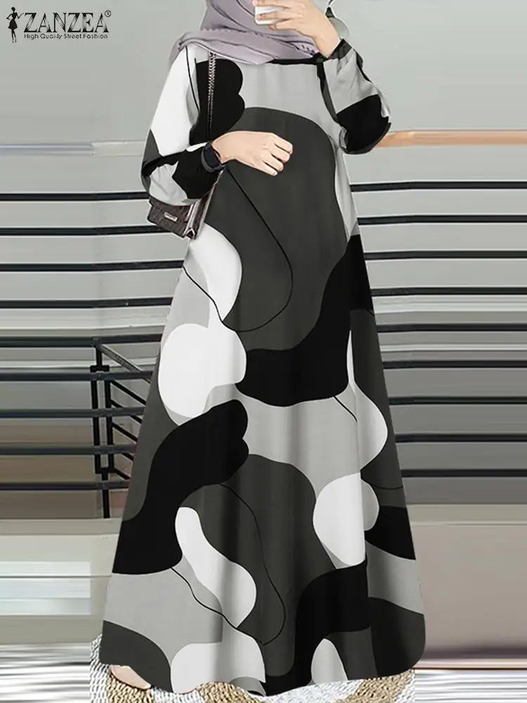 Vintage Muslim Abaya ZANZEA Women Printed Maxi Dresses Fashion Long Sleeve Islamic Robe Dubai Sundress Hijab Vestidos Kaftan