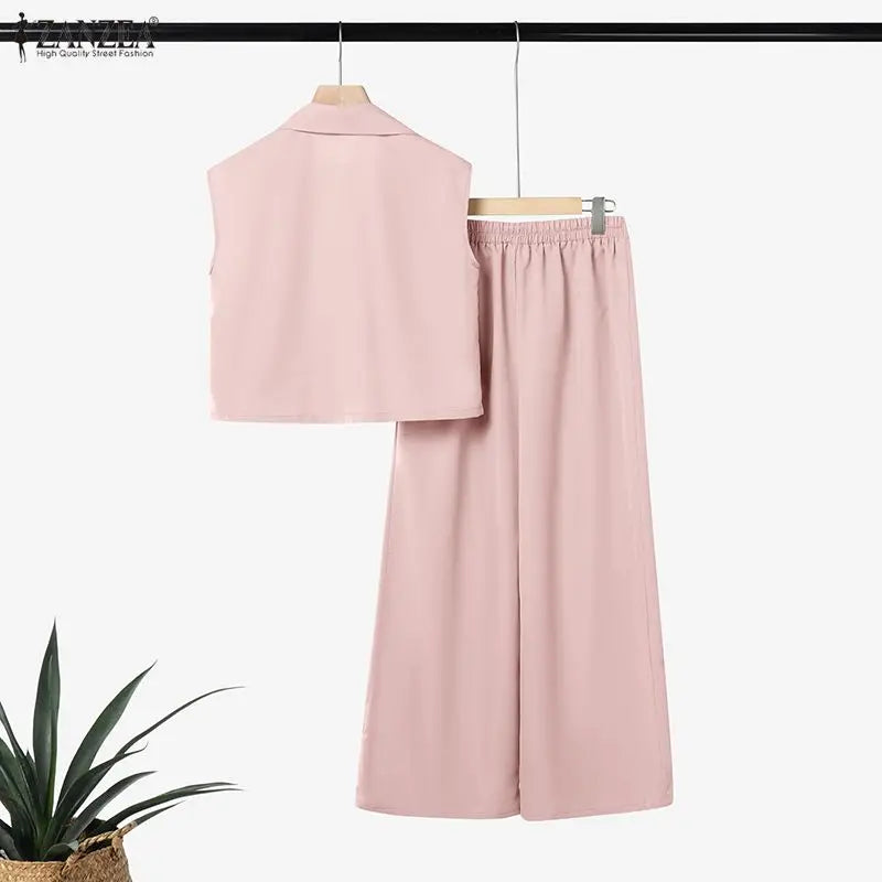 ZANZEA Women's Elegant Pant Sets Lapel Collar Sleeveless Top & Wide Leg Pant 2 Piece Suits Office Lady Commute Work Outfits