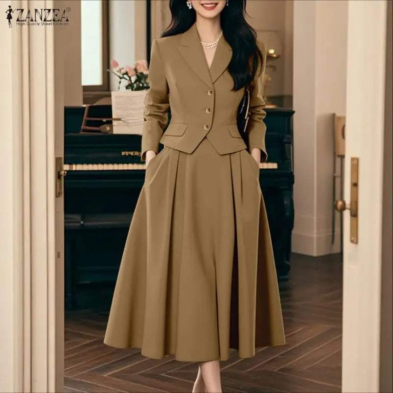ZANZEA Elegant Women 2-Piece Skirt Suits Peak Lapel Long Sleeve Short Blazer & A-Line Midi Skirt 2pcs Sets 2026 Autumn Outfits