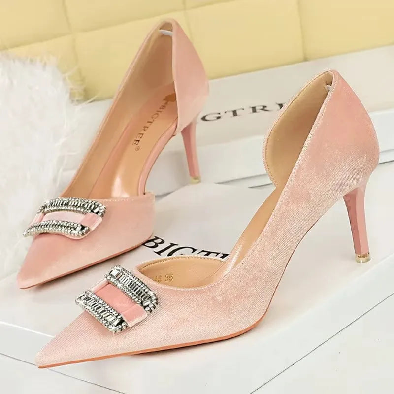 Women 10.5 cm Heels Rhinestone Buckle Design Women Pumps Luxury And Noble Banquet Shoes Stiletto High Heels Women Shoes Fashion