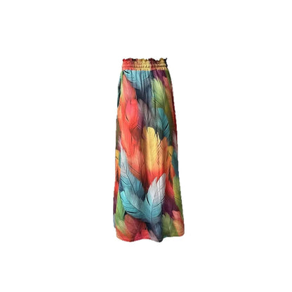Colorful Feather Printed Wide Leg Pants Women's Elapsed Waist Pleated Pocket Design Loose Draped All-match Casual Pants