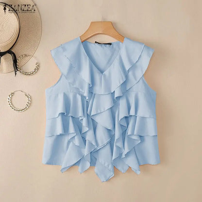 ZANZEA Summer Sleeveless Women Blouses Ruffles Tops Fashion Solid Color Tee OL Work Party Blusas Tunic Streetwear Oversize S-3XL
