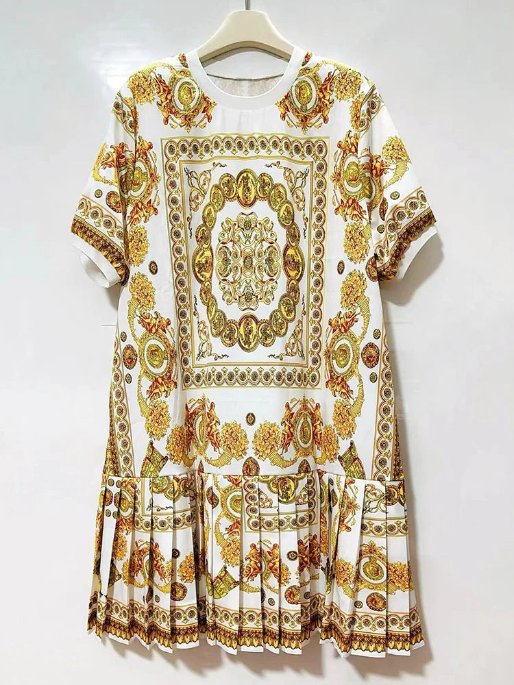 Retro geometric print round neck pullover dress 2026 summer women's T-shirt skirt fashionable loose oversized puffy skirt
