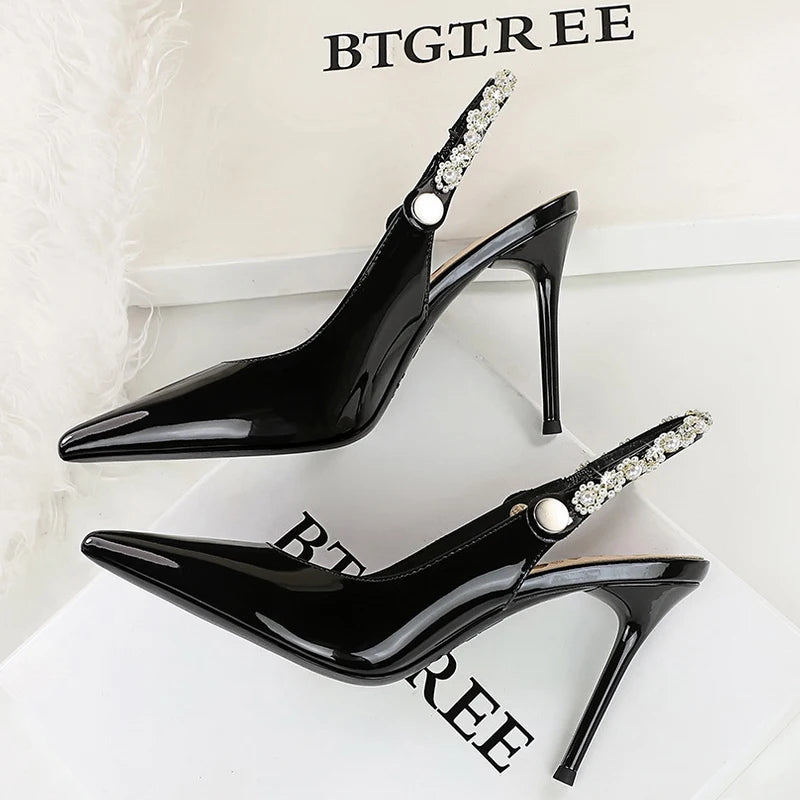 BIGTREE Shoes Pearl Water Diamond Design Women Pumps Rear Empty Rear Strap High Heels Sexy Party Shoes Stilettos Women Sandals