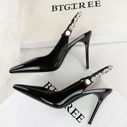 BIGTREE Shoes Pearl Water Diamond Design Women Pumps Rear Empty Rear Strap High Heels Sexy Party Shoes Stilettos Women Sandals