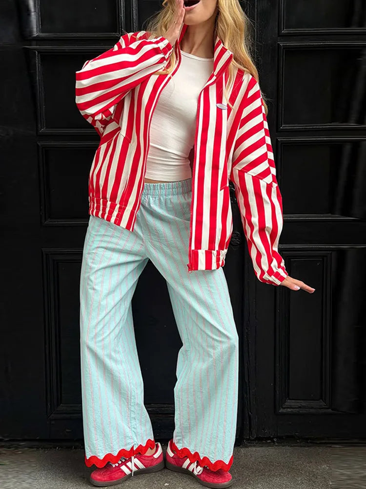 Loose Stripe Women'e Long Pants Summer Elastic Waist Contrast Ruffle Wide Leg Pant For Women 2026 Fashion Casual Lady Trousers