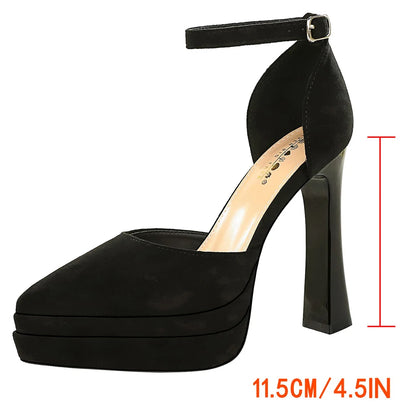 BIGTREE Shoes Platform Heels Women Pumps Chunky Heel Ladies Shoes Suede Ultra High Heels 11 cm Buckle Heeled Sandals Summer Shoe