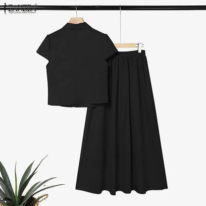 Women's Elegant Chic Skirt Sets ZANZEA Korean Fashion Short Sleeve Short Shirt & Embroidered Maxi Skirt 2 Pieces Sets Outfits