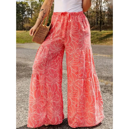 Summer Casual plus Size Wide Leg Long Pants Elegant Loose Comfortable Printed Elastic Waistband Tied Rope Fashionable