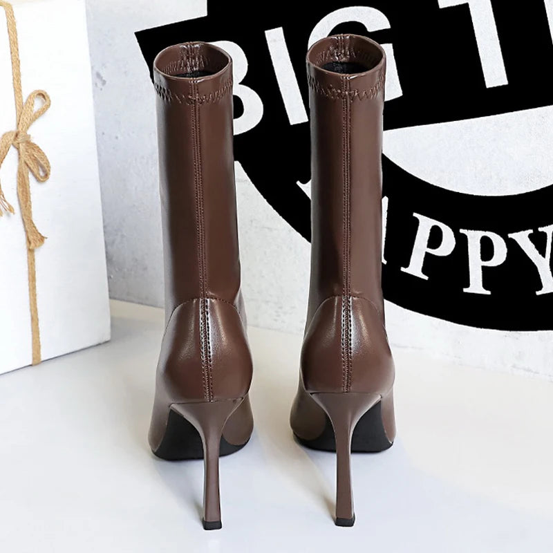 BIGTREE Shoes Ladies' Leather Boots Pointed End Women Ankle Boots Stiletto Heels Ladies Shoes Autumn Winter Shoes Short Boots
