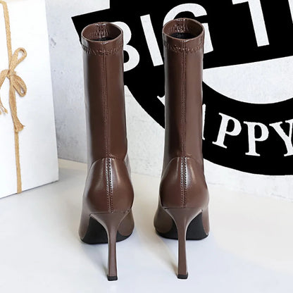 BIGTREE Shoes Ladies' Leather Boots Pointed End Women Ankle Boots Stiletto Heels Ladies Shoes Autumn Winter Shoes Short Boots