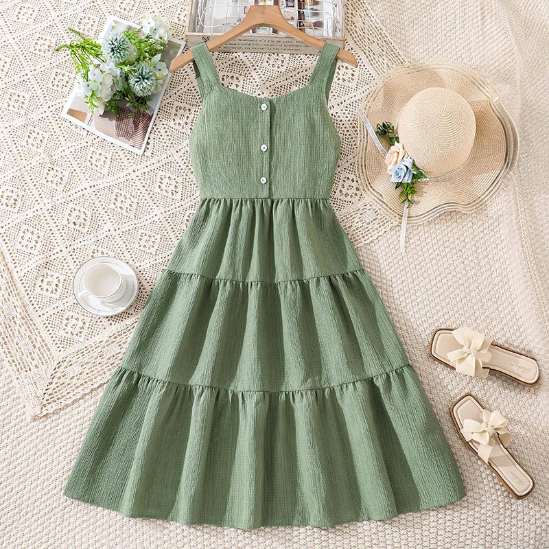 Girls 8-12 Green Summer Dress, Sleeveless Tiered Design with Back Bow & Elastic Waist, Casual Kids Wear