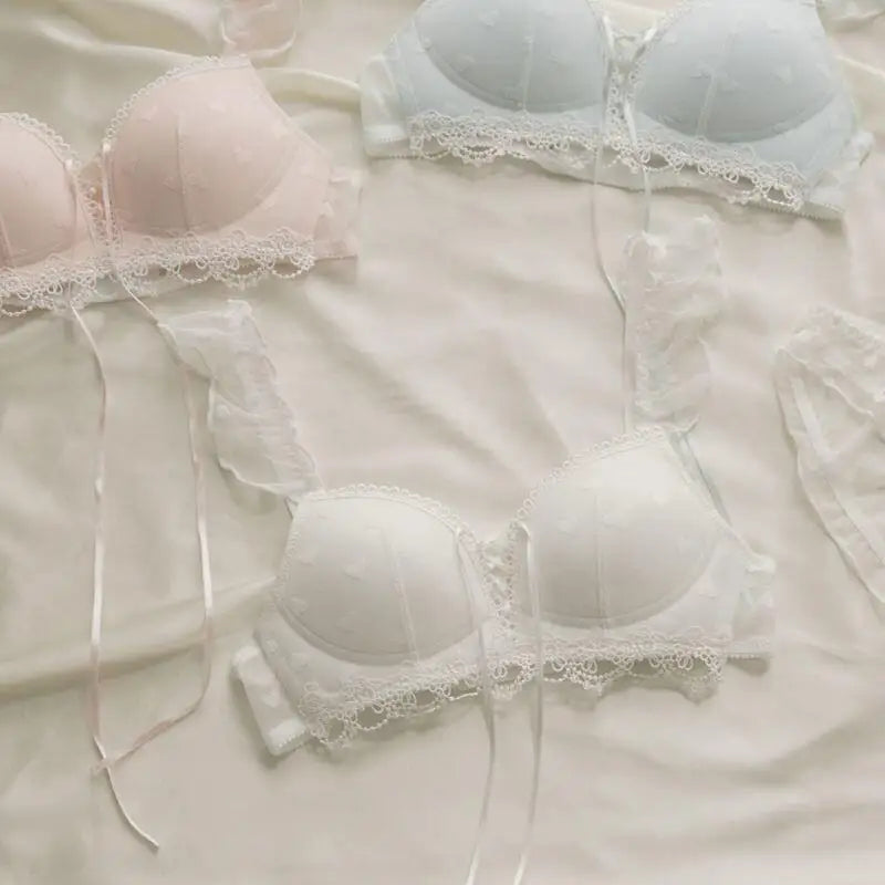 Japanese Kawaii Lingerie Set Small Chest, Sweet Heart Print Wireless Bralette & Panty Set Comfortable Anti-Sagging Bra for Women