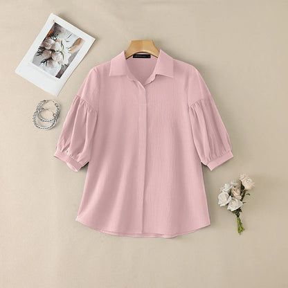 ZANZEA Women's Crinkled Fabric Casual Shirts Turn-Down Collar Half-Buttons 3/4 Lantern Sleeve Blouses Minimalist Solid Color Top