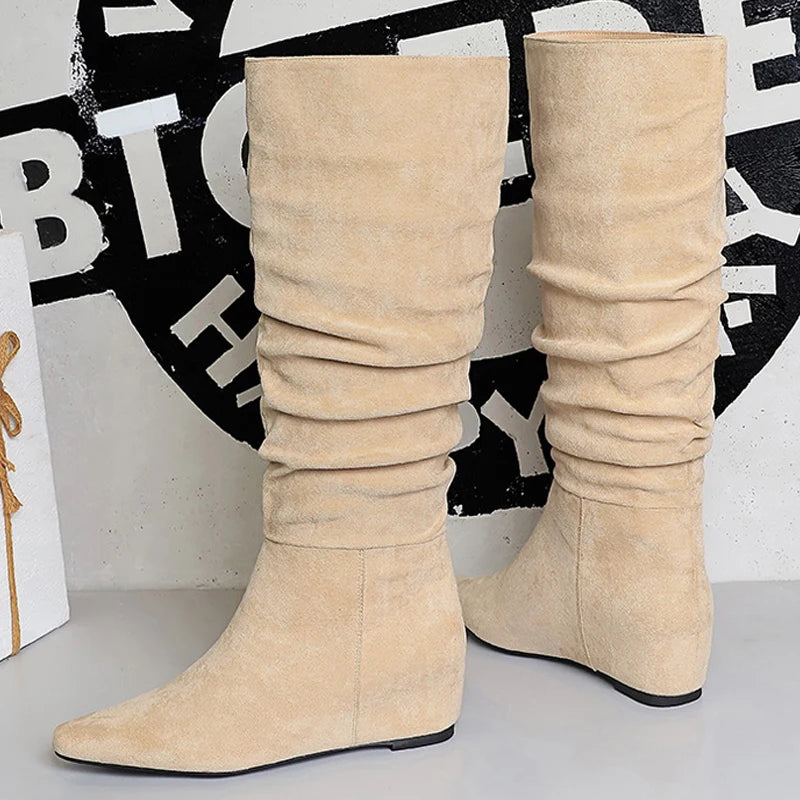 BIGTREE Shoes Women Knee-High Boots Pleated Design Suede Long Boots Pointed Women's Boots Comfortable Autumn And Winter Boots
