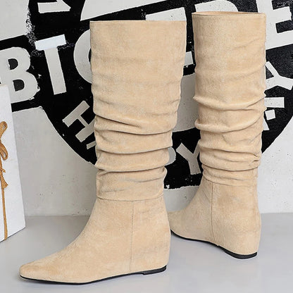 BIGTREE Shoes Women Knee-High Boots Pleated Design Suede Long Boots Pointed Women's Boots Comfortable Autumn And Winter Boots