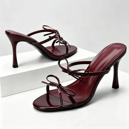 Luxury Designer Slippers Women Double Bow Decoration Sexy Peep Toe Slides Sandals Summer Elegant High Heels for Ladies Sandalias