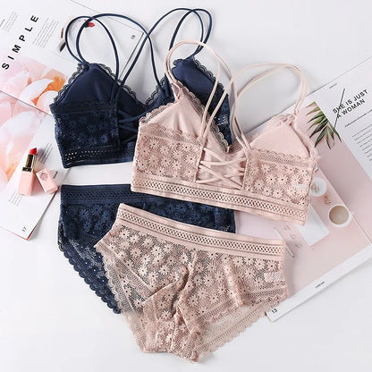 Women Lace Bra And Briefs Set Backless Bralette Solid Color Underwear Wireless Lace Bra Top Sexy Lingerie Set Female Intimates
