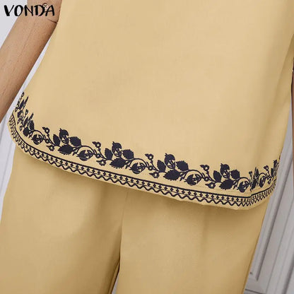 VONDA Summer Thin Women Pant Sets Print 2pcs Casual Short Sleeve Tops Wide Leg Pants Streetwear Two-piece Outfits Blusas Trouser