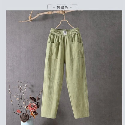 Cotton and Linen Casual Pants For Women Korean Style Solid Loose Straight Pants Summer Thin Nine-Point Harem Pants White Red