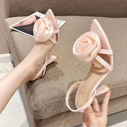 Summer Fashion Silk Rose Flowers Back Strap Heeled Sandals Women Pointed Open Toe Red High Heels Wedding Prom Shoe Zapatos Mujer