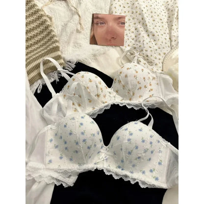 MOYISU JP & SK Lacy Lingerie Girl's Small Breast Pull Up No Underwire Top Support Anti-sag Retraction Sexy Floral Bra Cover Set