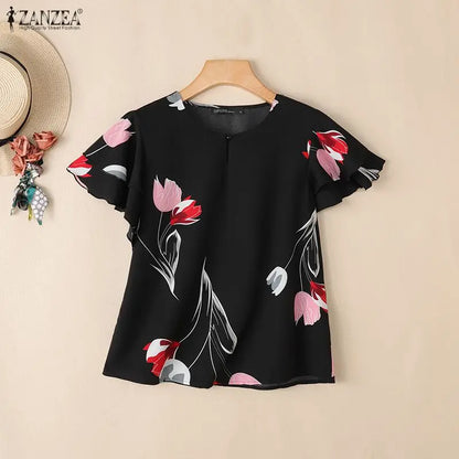 ZANZEA Woman Summer Floral Print Pullover Blouses Layered Ruffles Sleeves Keyhole O-Neck Blusas Mujer Daily Casual Dates Tops