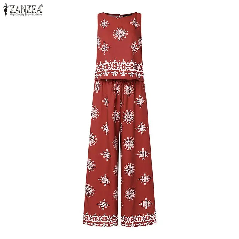 ZANZEA Fashion Summer Sleeveless Tanks Tops Pant Sets Stylish Women Matching Sets Bohemain Printed Tracksuit 2PCS Holiday Outfit