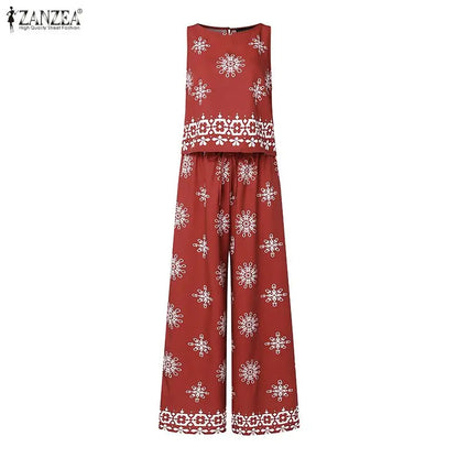 ZANZEA Fashion Summer Sleeveless Tanks Tops Pant Sets Stylish Women Matching Sets Bohemain Printed Tracksuit 2PCS Holiday Outfit
