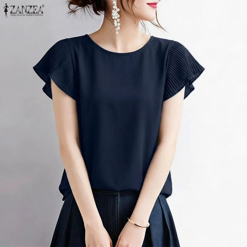 ZANZEA Woman Daily Casual Blouses Pleated Cap Sleeves Round Neck Solid Color Regular Fit Tops 2026 Summer Commute Work Blusas
