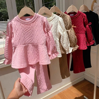 2026 Autumn New Children Long Sleeve Clothes Set Girls Cute Bow Loose Tops + Flared Trousers 2pcs Suit Kids Girls Outfits