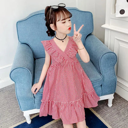 Preppy Cotton Dress 2025 Children's Clothing Elegant Dresses Girl Sets Birthday Summer Clothes Elementary Student Beach Girls