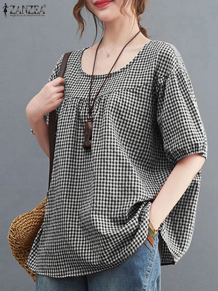 ZANZEA Summer Vintage Women Casual Loose Shirt Baggy Plaid Checked Tops Tunic Fashion O Neck Short Sleeve Blouse Blusas Chemise