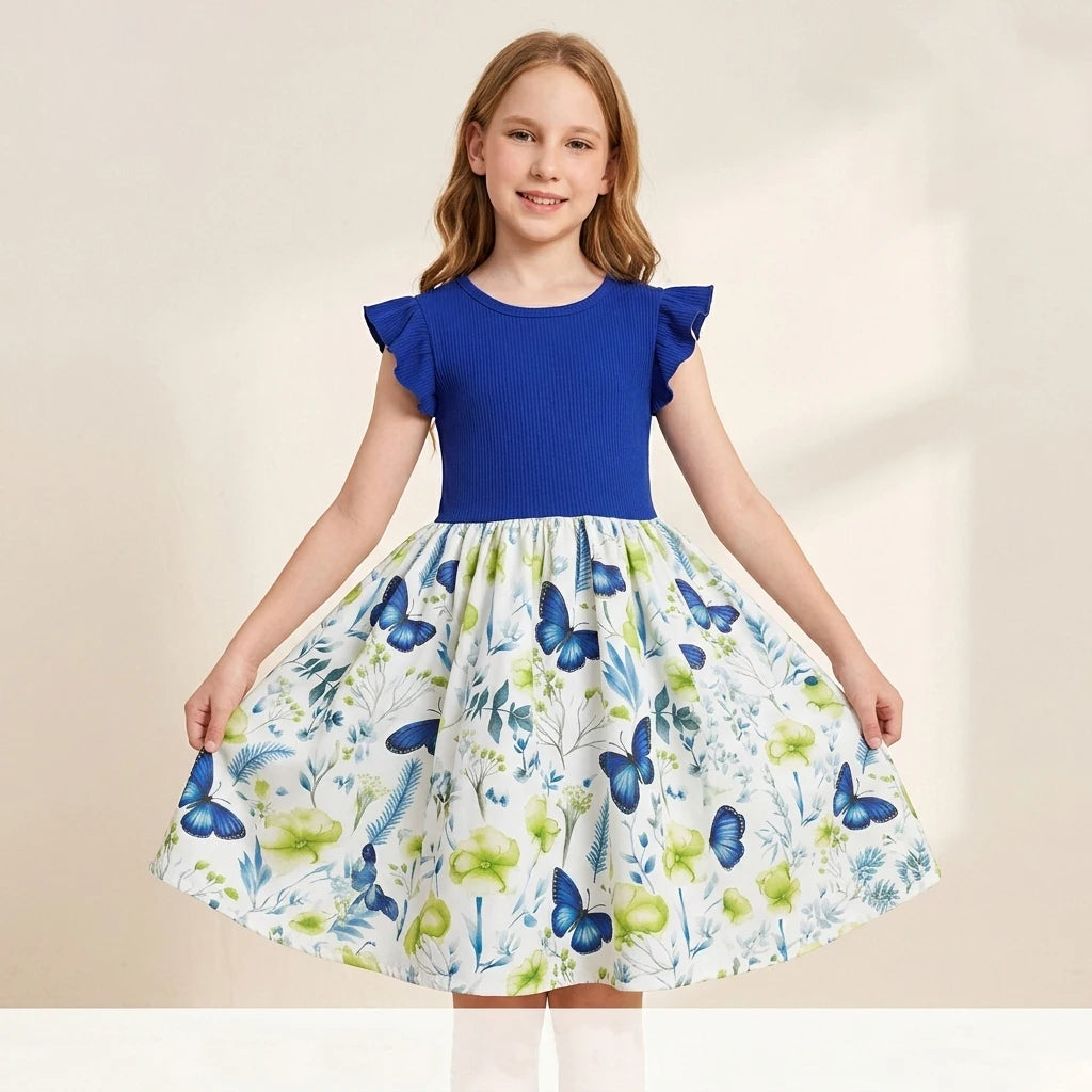 Girl's Summer 7-14 Years Round Neck Ribbed Ruffled Sleeve Butterfly Floral Print Dress for Daily School Casual Kids Lovely