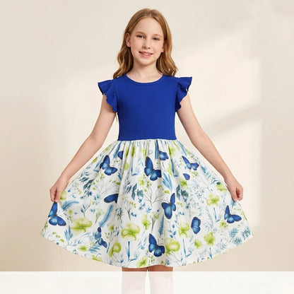 Girl's Summer 7-14 Years Round Neck Ribbed Ruffled Sleeve Butterfly Floral Print Dress for Daily School Casual Kids Lovely