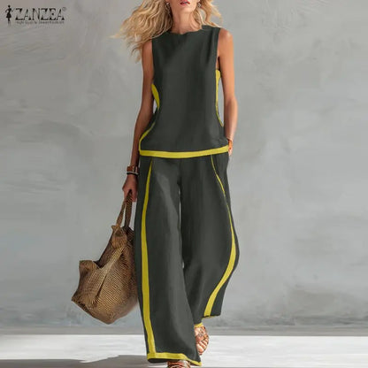Stylish Summer 2 Pieces Oufits ZANZEA Women Color-Blocking Tracksuit Casual O Neck Sleeveless Tanks Tops Wide Leg Pant Sets 2026