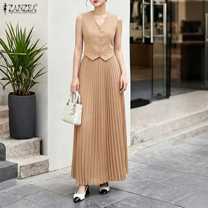 ZANZEA 2PCS Office Outfits Summer Elegant Sleeveless V Neck Short Sleeve Cropped Shirt Pleated Dress Sets Women 2 Pieces Sets