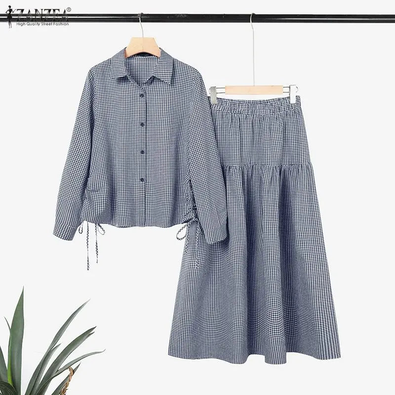 2026 ZANZEA Summer Women Long Sleeve Shirt Dress Sets Muslim 2 Piece Sets Hijab Outfits Casual Striped Work Skirt Suit Ramadan