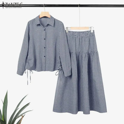2026 ZANZEA Summer Women Long Sleeve Shirt Dress Sets Muslim 2 Piece Sets Hijab Outfits Casual Striped Work Skirt Suit Ramadan