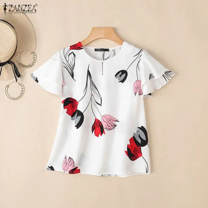 ZANZEA Woman Summer Floral Print Pullover Blouses Layered Ruffles Sleeves Keyhole O-Neck Blusas Mujer Daily Casual Dates Tops