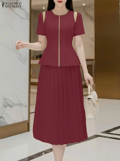 Elegant Summer OL Work Dress Sets 2026 ZANZEA Office Women 2 Piece Sets Short Sleeve Blouse Pleated Skirt Suit Patchwork Outfits
