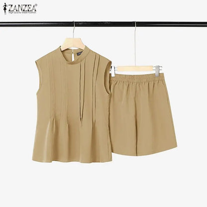 2026 ZANZEA Summer O Neck Sleeveless Tanks Tops Short Sets Stylish Women 2 Pieces Sets 2PCS Casual Holiday Outfits Tracksuit