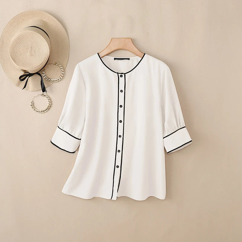 ZANZEA Women's Fashion Contrast-Trim Shirts 3/4 Sleeves O-Neck Button Up Casual Tops 2026 Summer Streetwear Chemises Femme